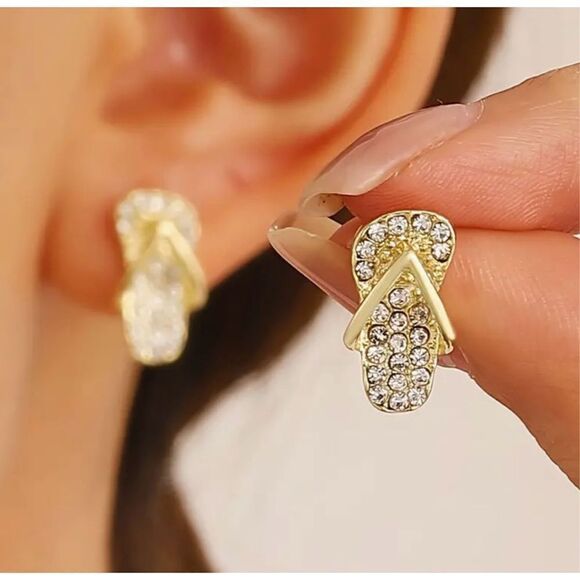 Gold Flip Flops Stud Earrings With Crystal Gold Stud Earrings,Cute Mini Earrings - Picture 2 of 14